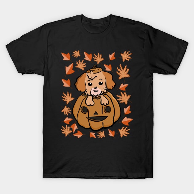 Shih Tzu puppy in Pumpkin autumn leaves pattern T-Shirt by SubtleSplit